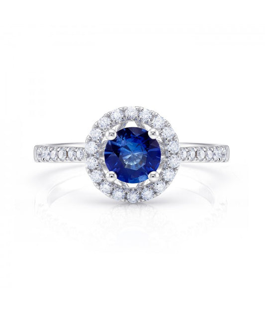 Anillo de Zafiro Redondo con Orla de Brillantes