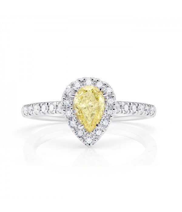 Anillo de Diamante Fancy Yellow talla Pera con Diamantes Blancos