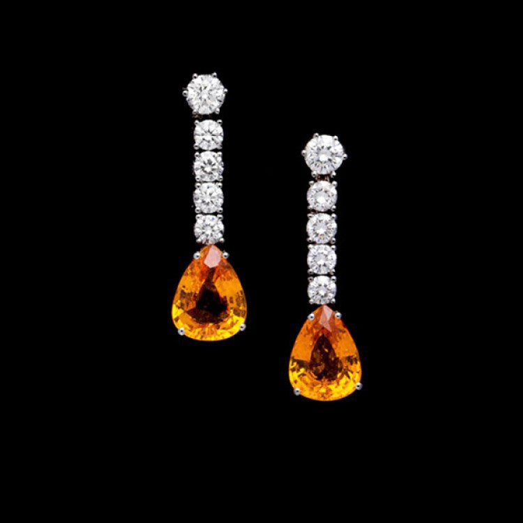 Pendientes Colgantes de Zafiro Naranja talla Pera y Diamantes